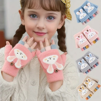 Cartoon Kids Flip Top Fingerless Gloves Convertible Mittens Winter Warm